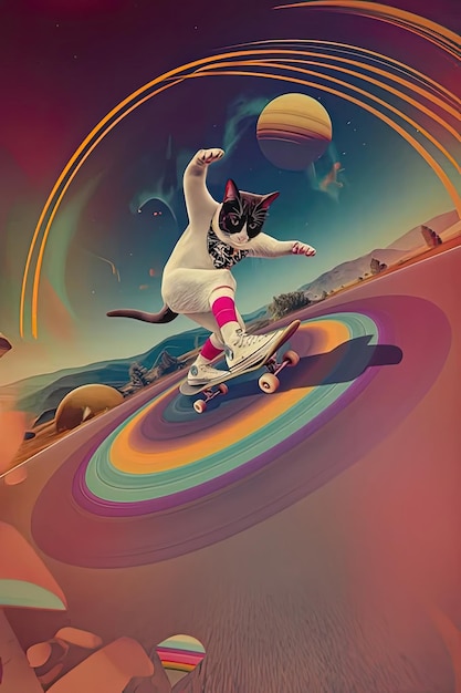 Photo a poster of a cat jumping on a skateboard with a cat on the bottom