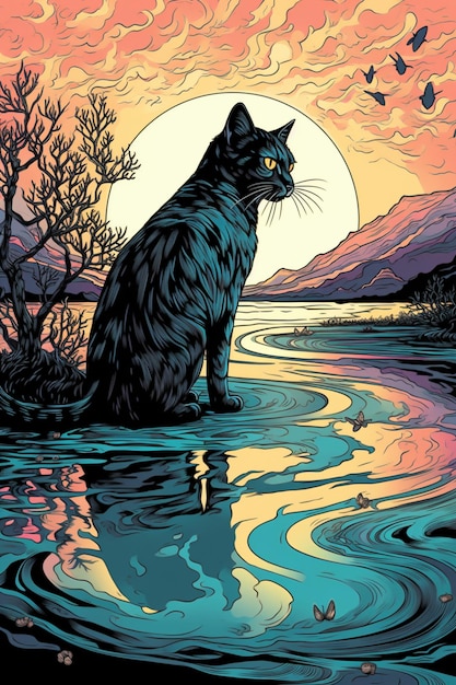 A poster for a cat named black cat sits in the water.