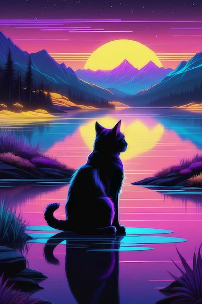 Photo a poster for a cat that is sitting in front of a lake with mountains in the background