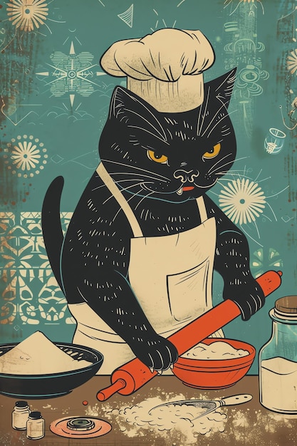 a poster of a cat with a jar of food in it that says  the cat is working