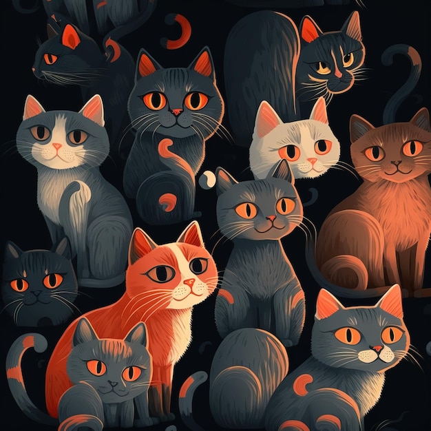 A poster of cats with orange eyes and a black background.