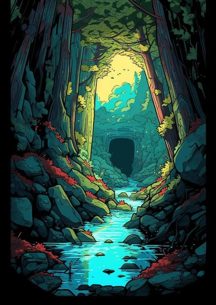 a poster of a cave with a stream running through it generative ai