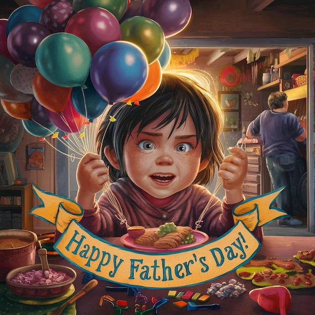 a poster for a child with balloons and a banner that says happy father day