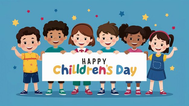 a poster for children with a banner that says happy children