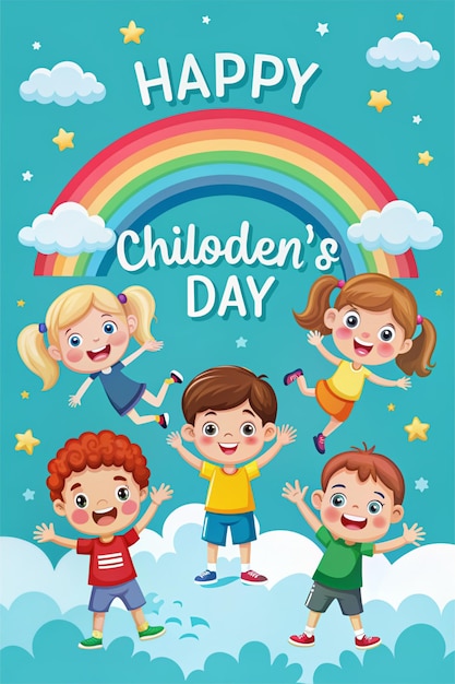 a poster for a childrens birthday with a rainbow in the background