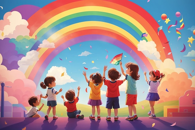 A poster of childrens day celebration with a rainbow in the background