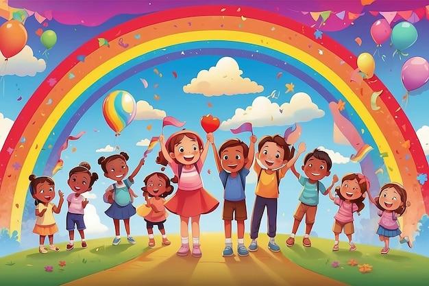 A poster of childrens day celebration with a rainbow in the background