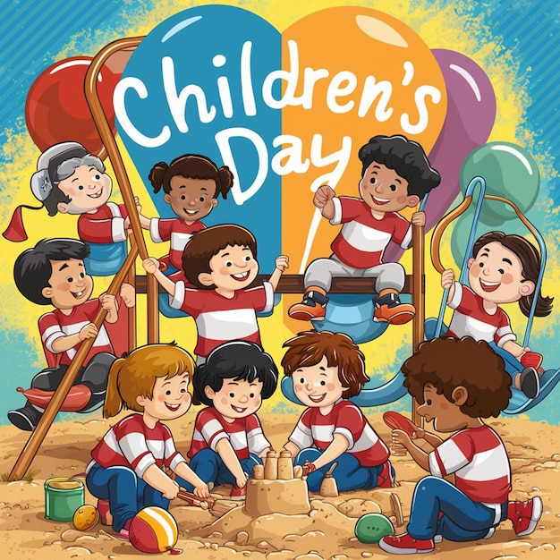 a poster for childrens day day day with children playing in the sand