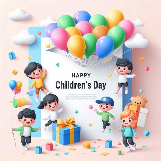 a poster of childrens day happy day with balloons and balloons