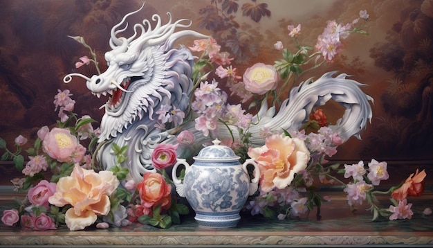 A poster of a Chinese dragon crafted from silver filigree