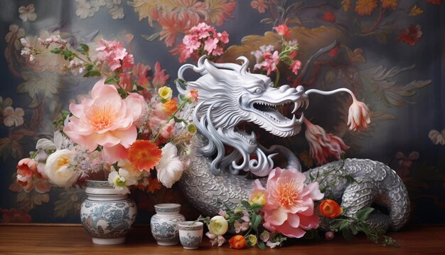 A poster of a Chinese dragon crafted from silver filigree