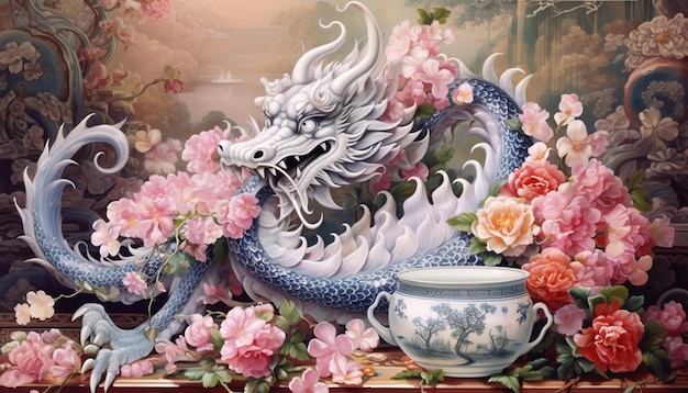 A poster of a Chinese dragon crafted from silver filigree