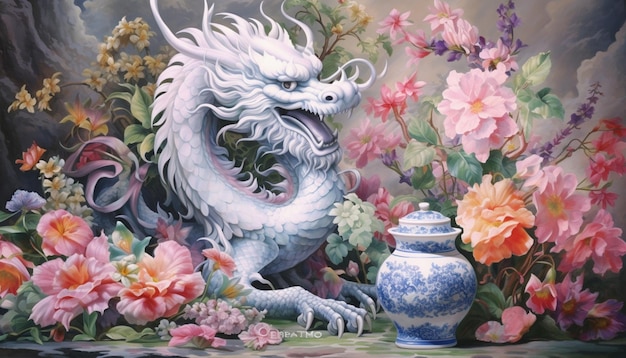 A poster of a Chinese dragon crafted from silver filigree