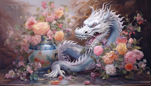 A poster of a Chinese dragon crafted from silver filigree