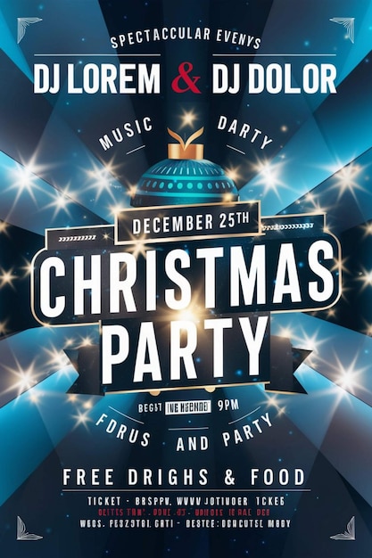 poster for the christmas party in blue and white