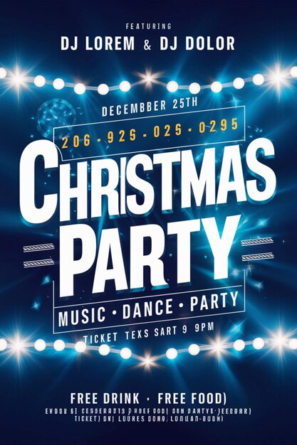 a poster for christmas party with a blue background with lights and a sign for christmas party