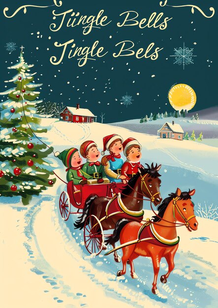 Photo a poster for christmas with a picture of children riding a horse and sleigh