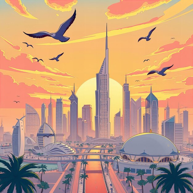 a poster for a city with birds flying around it