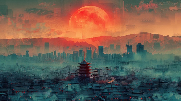 a poster for a city with a red moon in the background