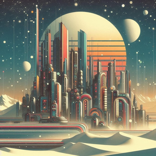 a poster for a city with a snow globe and a city in the background