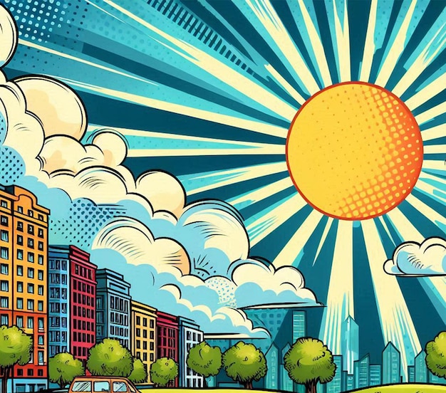 a poster for a city with a sun and a building with a sun in the background