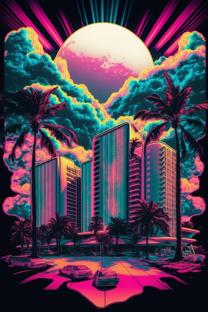 A poster of cityscape with sunset and palm trees generative ai