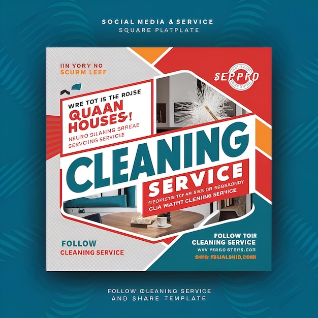 a poster for cleaning service with a red and blue background