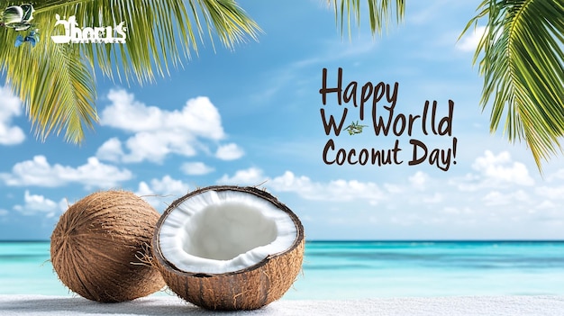 a poster for coconut oil and coconuts on a tropical beach with a tropical beach in the background