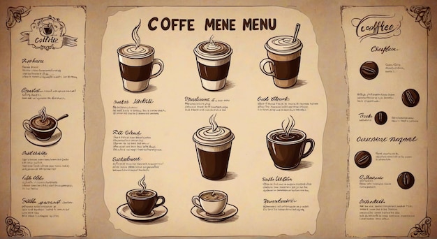 Photo a poster for coffee menus with a picture of coffee and a cup of coffee