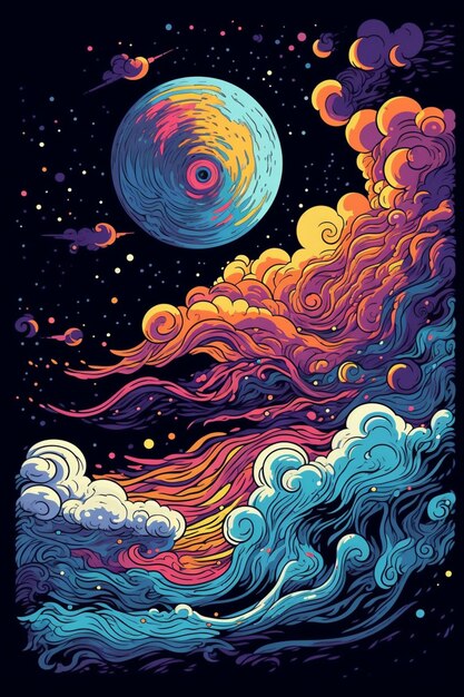 a poster of a colorful sky with clouds and a full moon generative ai