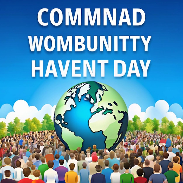 a poster for the commundes world has a blue background with a blue sky and clouds