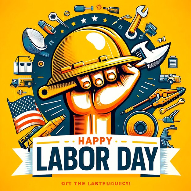 A poster for a construction worker holding a hard hat that says happy labor day