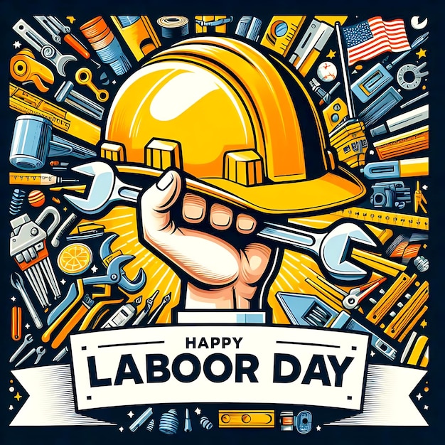 A poster for a construction worker holding a hard hat that says happy labor day