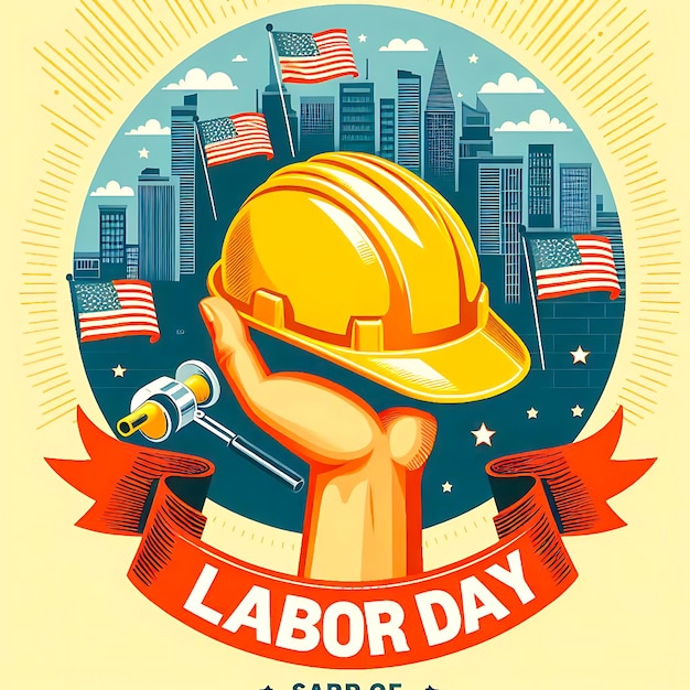 A poster for a construction worker holding a hard hat that says happy labor day