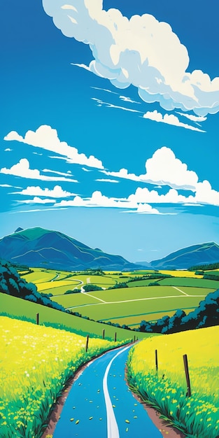 A poster for a country scene with a green field and mountains in the background.