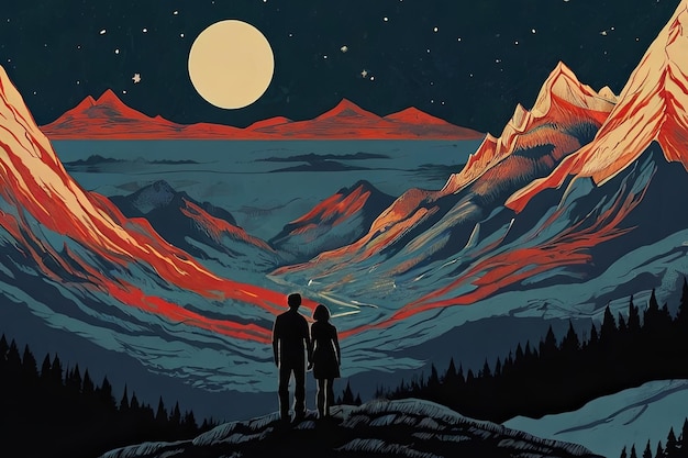 a poster for a couple under a full moon