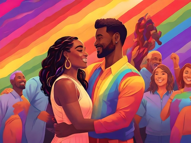 poster of a couple hugging and a rainbow background