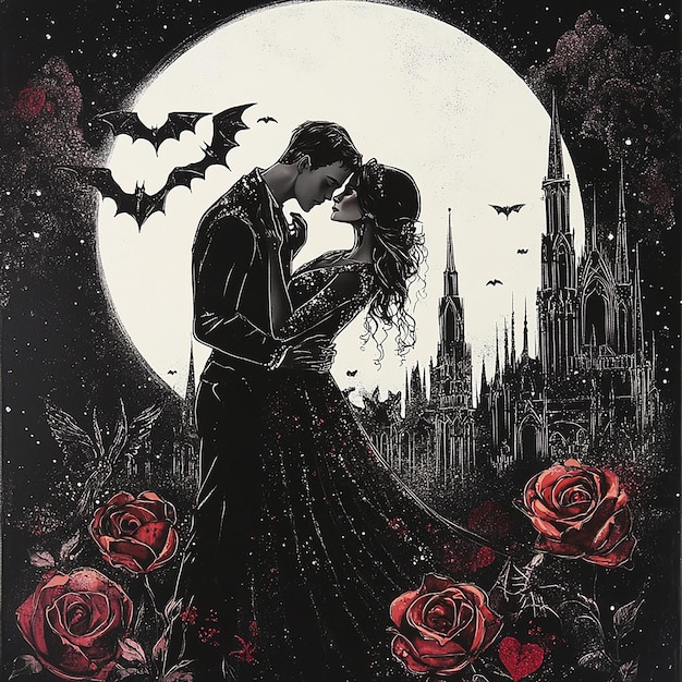 Photo a poster for a couple kissing in front of a castle with a moon in the background