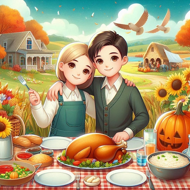 a poster of a couple and a turkey on a table with a house in the background