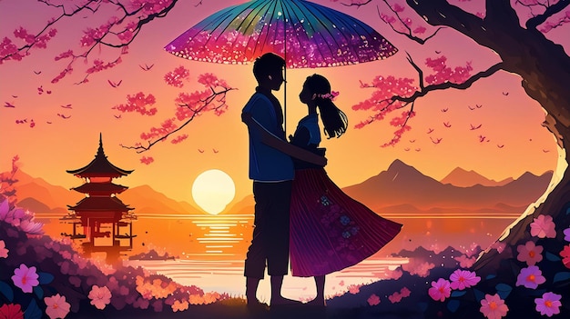 a poster for a couple under an umbrella with the words cherry blossom on it