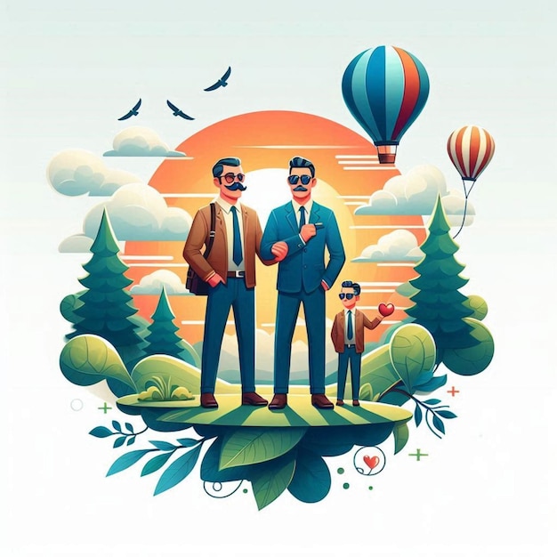 a poster for a couple with a balloon and two men in suits