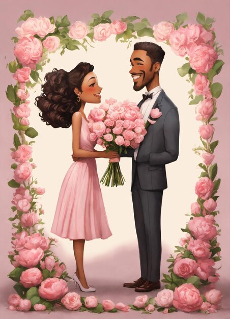 a poster for a couple with flowers and a man in a suit