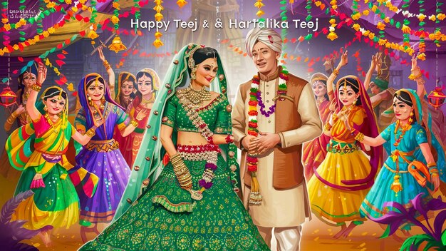 a poster for a couple with a man and woman in traditional dress