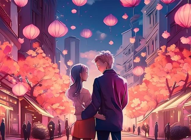 a poster for a couple with pink lanterns in the background