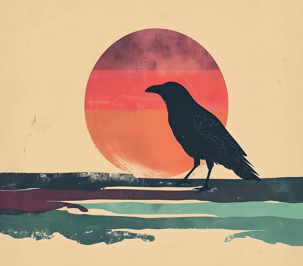 a poster of a crow with a sunset in the background