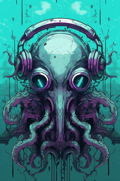 A poster for a cthulhu with a skull head wearing a headphone