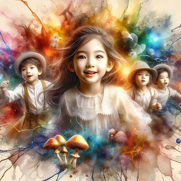 Poster cute children are enjoying in the colorful watercolor splash on happy childrens day