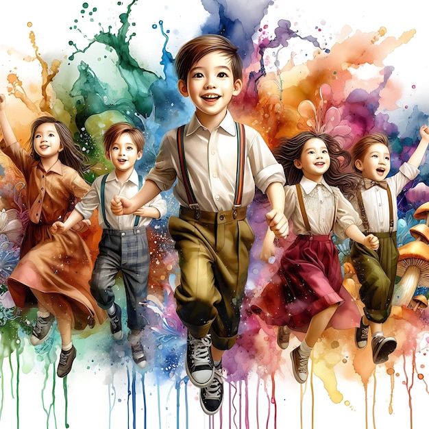 Poster cute children are enjoying in the colorful watercolor splash on happy childrens day