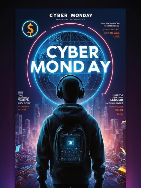 Photo a poster for cyber monday night featuring a man wearing a backpack and headphones