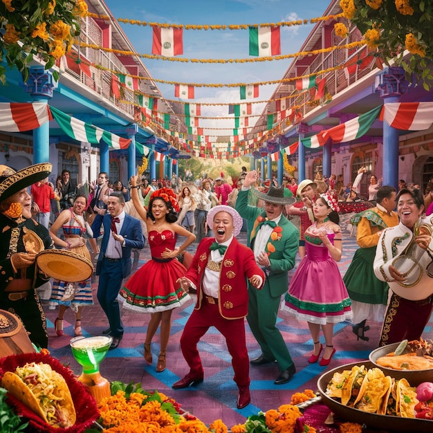 a poster of a dancing group with a man in a red suit and a woman in a red dress is dancing in front